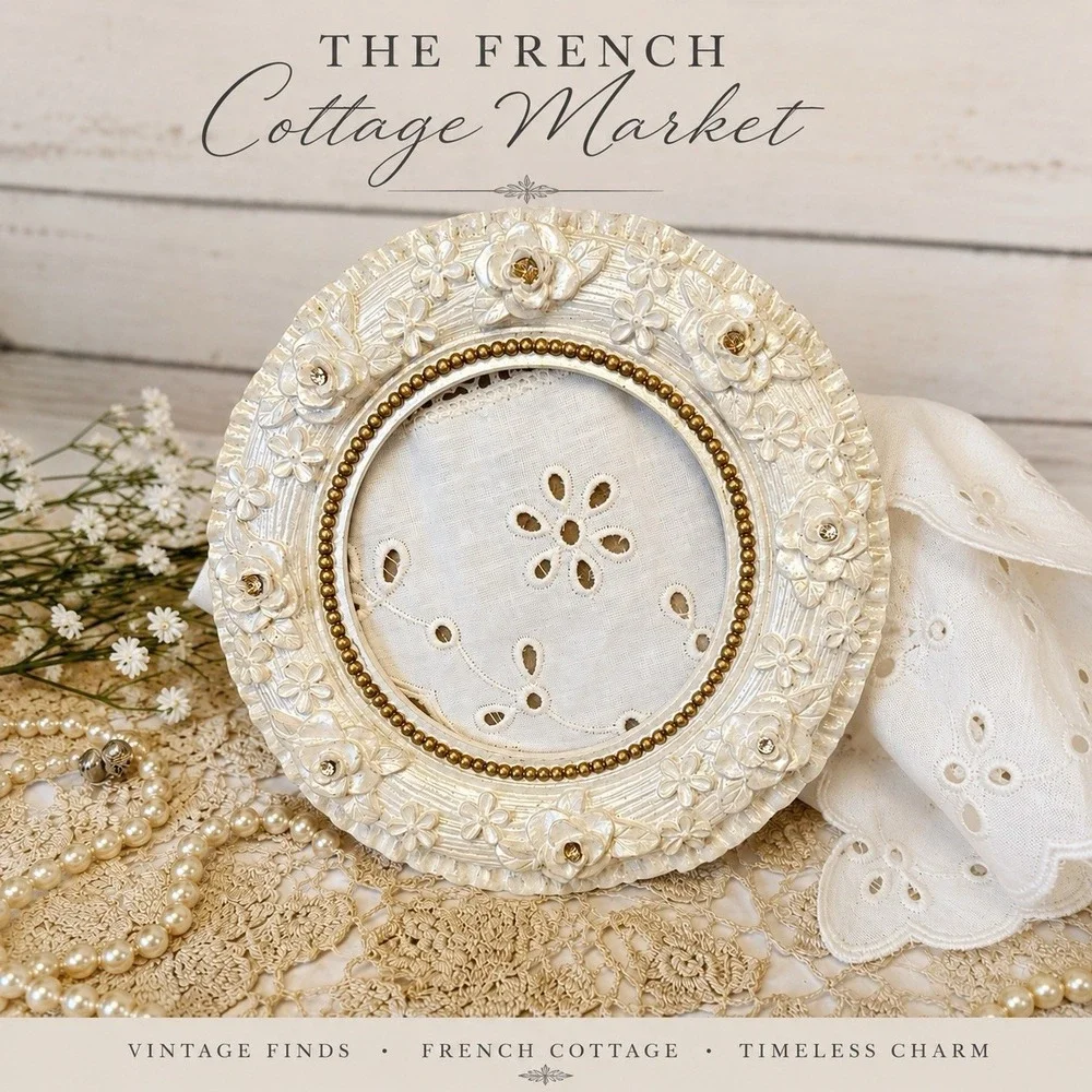 Vtg Style White Floral Round Picture Frame Cottage Decor Rhinestone Gold Accents